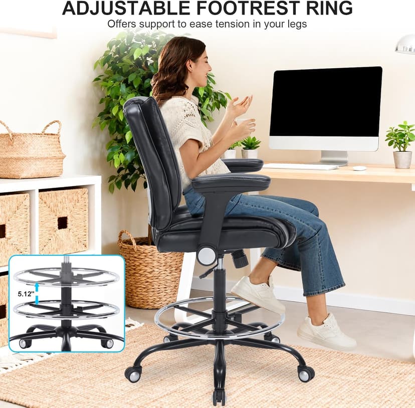 Office Drafting Chair, Tall Desk Chair with Adjustable Armrests and Footrest Ring PU Leather Standing Desk Chair with Extra Thicken Seat Cushion, Comfy High Office Chair for Counter Height Desk, Black