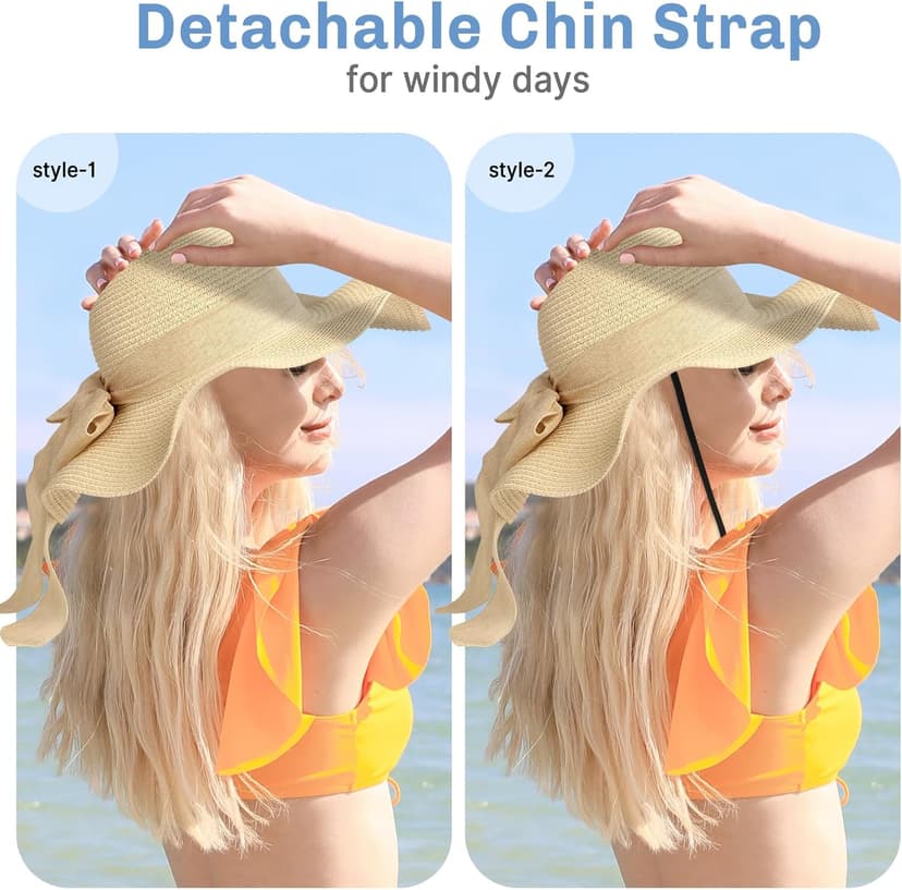 Pleneal Beach Sun Straw Hats for Women, UPF 50+ UV Sun Protection Wide Brim Summer Straw Hat Foldable Packable Roll up Cap