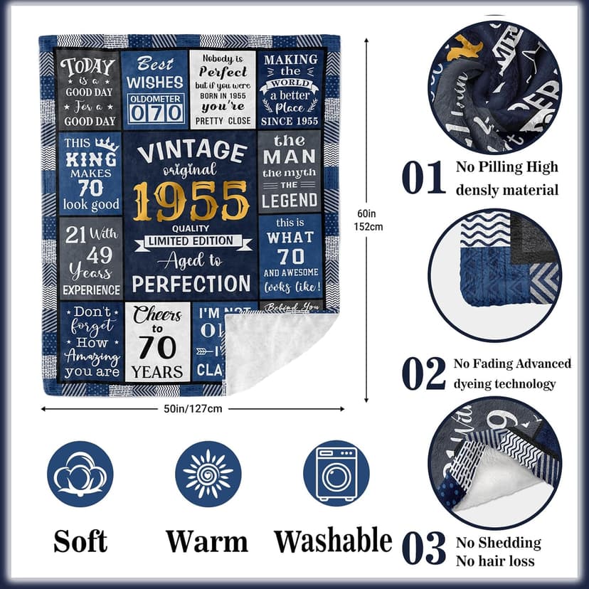 Ryubein 70th Birthday Gifts for Men, 70 Year Old Birthday Gifts for Men, Best Gifts for 70 Year Old Man, 1955 Birthday Gifts for Man, 70th Birthday Decorations Ideas Present Throw Blanket 50" X 60"