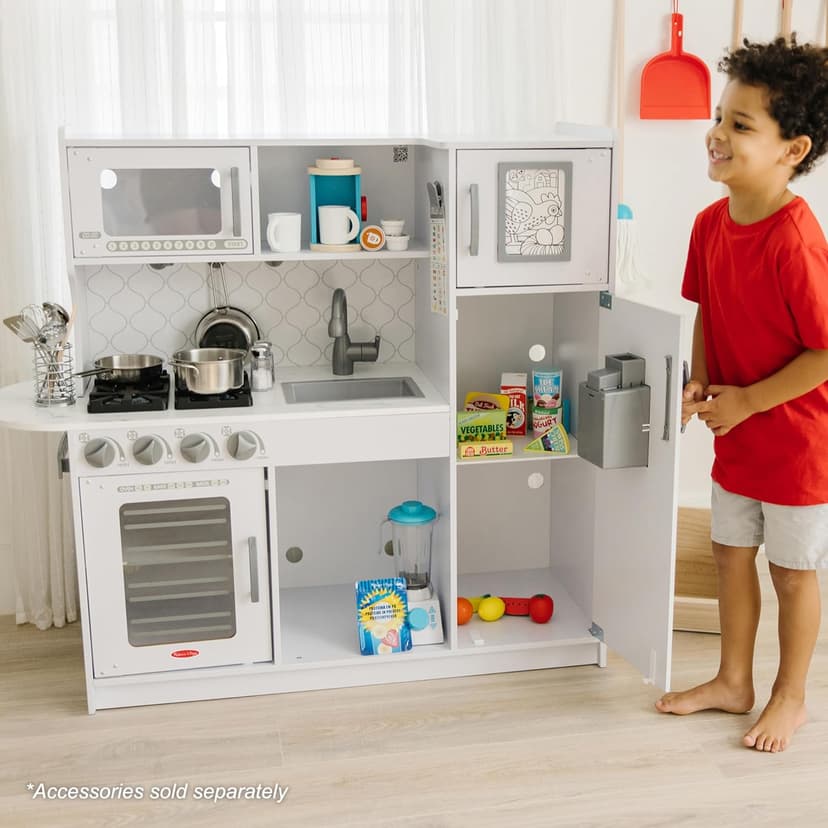 Melissa & Doug Wooden Chef’s Pretend Play Toy Kitchen with “Ice” Cube Dispenser – Cloud White, Kids Kitchen Play Set, for Toddlers and Kids Ages 3+ - FSC Certified
