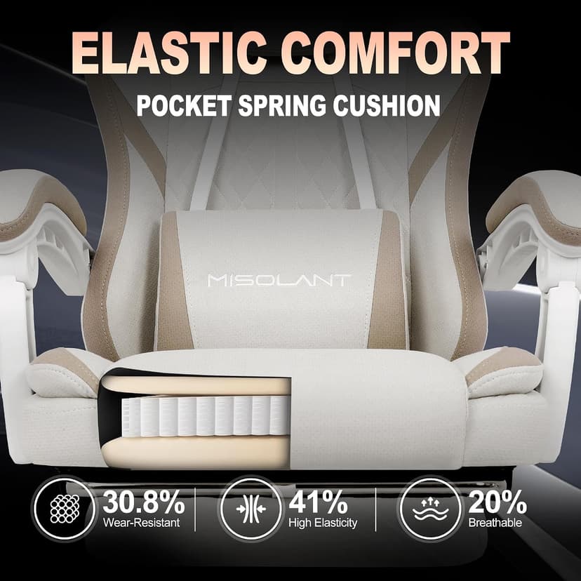 Misolant Gaming Chair, Fabric Gamer Chair with footrest for Adults, High Back Ergonomic Computer Game Chair with Adjustable Headrest and Massage Lumbar Support, 90-155° Recline Free, Beige