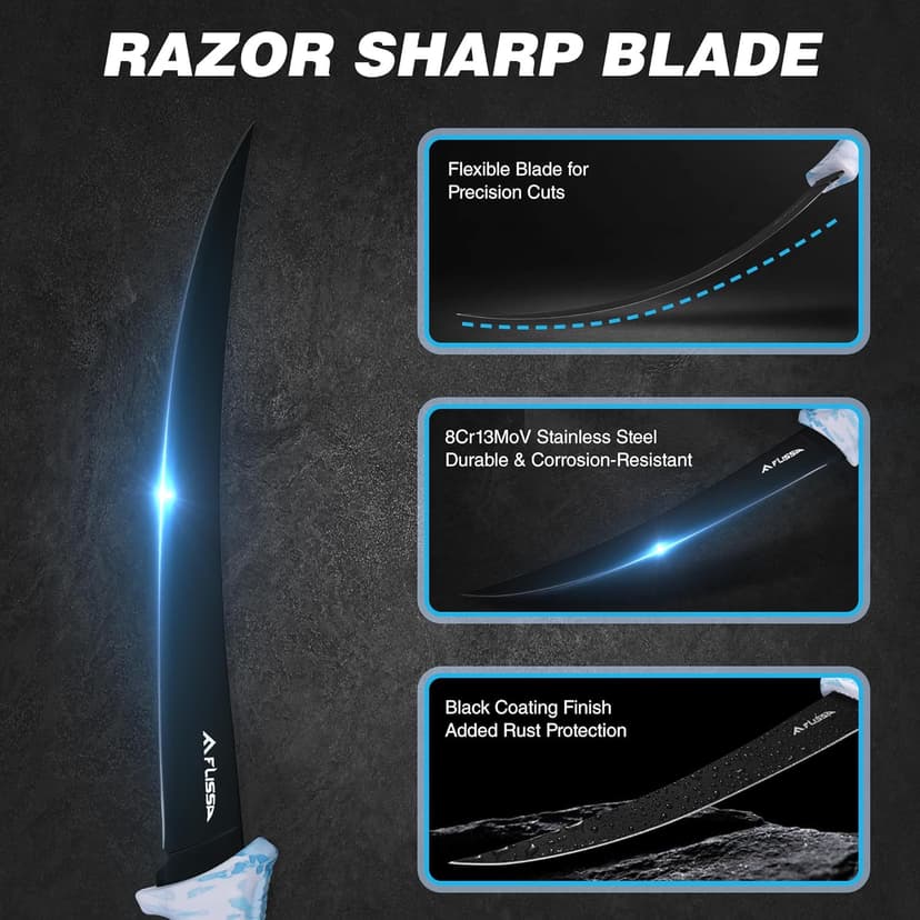 FLISSA Fillet Knife Set with 5"/6"/7"/9" Fillet Knives, Sharpener, Protective Sheath, Portable Roll Bag, Gifts for Fishermen, Saltwater & Freshwater Use