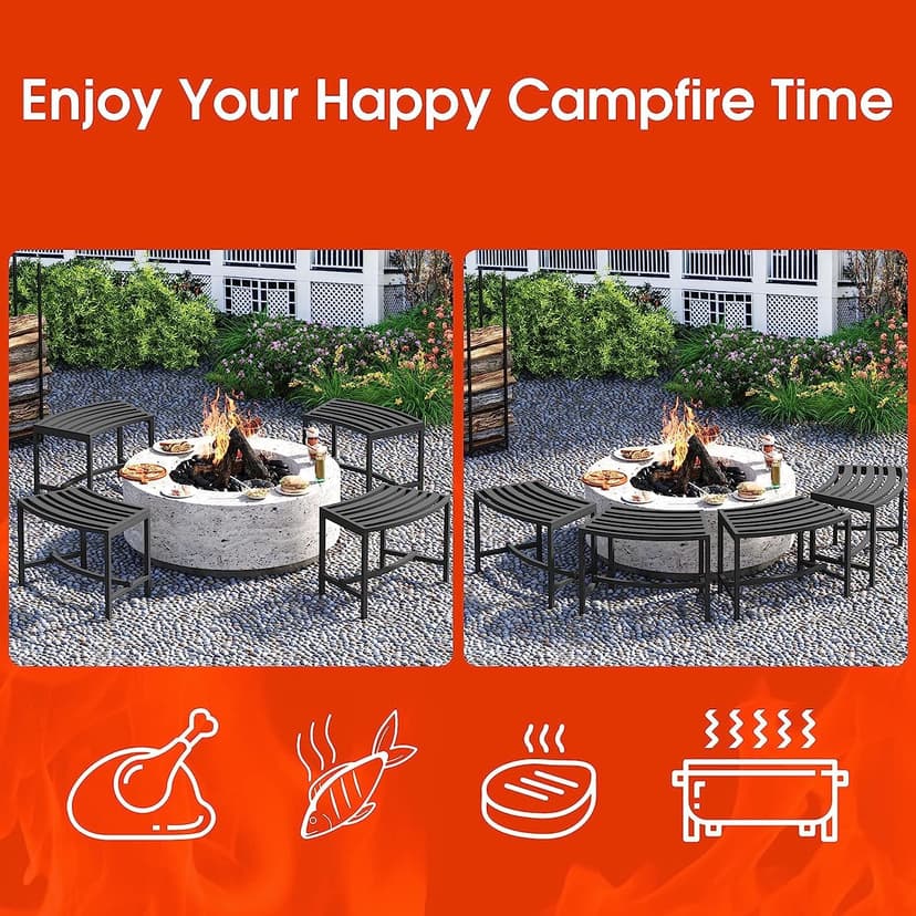 Heavy Duty Curved Fire Pit Bench Set of 4, Metal Outside Seating, Outdoor Steel Backless Benches for Garden, Patio, Porch, Backyard, Plant Stand