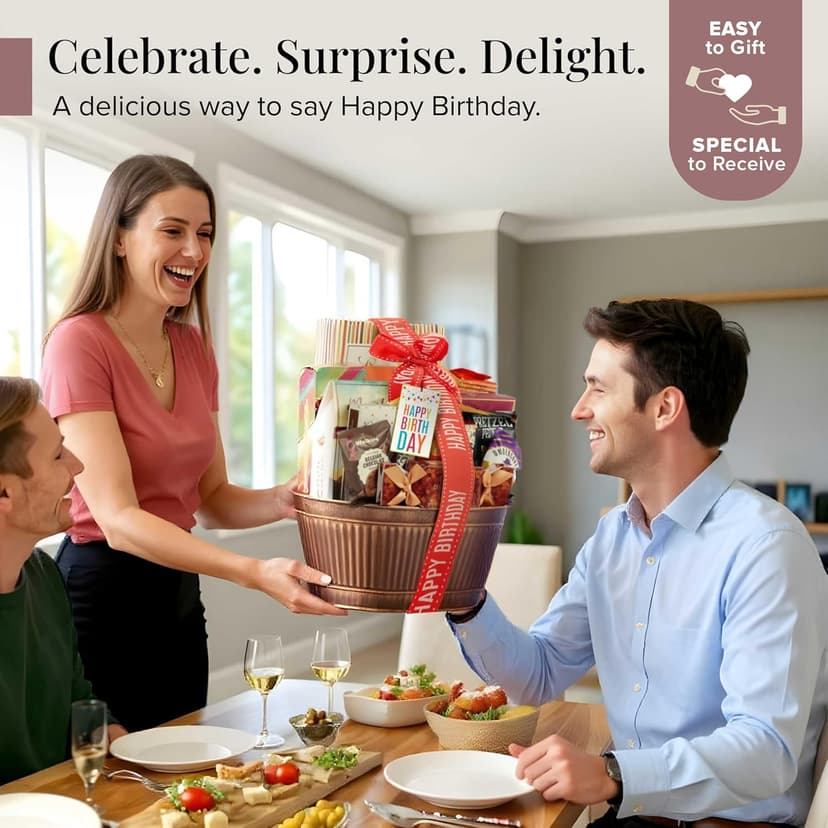 Broadway Basketeers Birthday Gift Basket – Gourmet Snacks & Sweet Treat Box with Cookies, Candy, Chocolates & more - Food Gift Basket for Women, Men & Families - Happy Birthday Surprise Box, Kosher