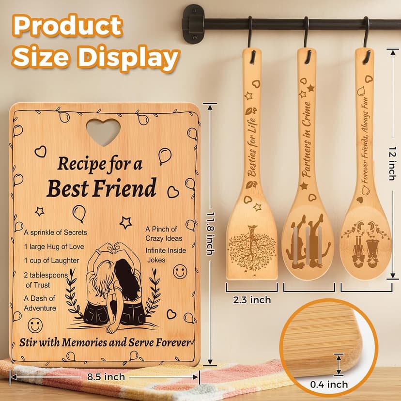 Recipe for a Best Friend Gift Set, Bamboo Cutting Board with Engraved Utensils, Unique Kitchen Gifts for Women, Bestie Gifts for Birthday, Christmas, Housewarming, Graduation, Long Distance Friendship