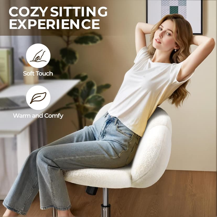 Yaheetech Boucle Upholstered Desk Chair Cloud-Shaped Vanity Chair Adjustable Home Office Computer with Rolling Wheels for Living Room, Bedroom White