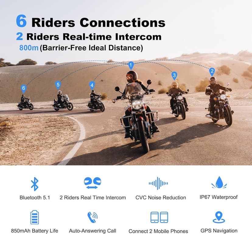 EJEAS V6 Pro Motorcycle Bluetooth Headset, Upgraded 2 Riders Intercom Helmet Communication System with Auto-Answering Call and Noise Reduction for Motorcycling Skiing and Climbing (2 Pack)