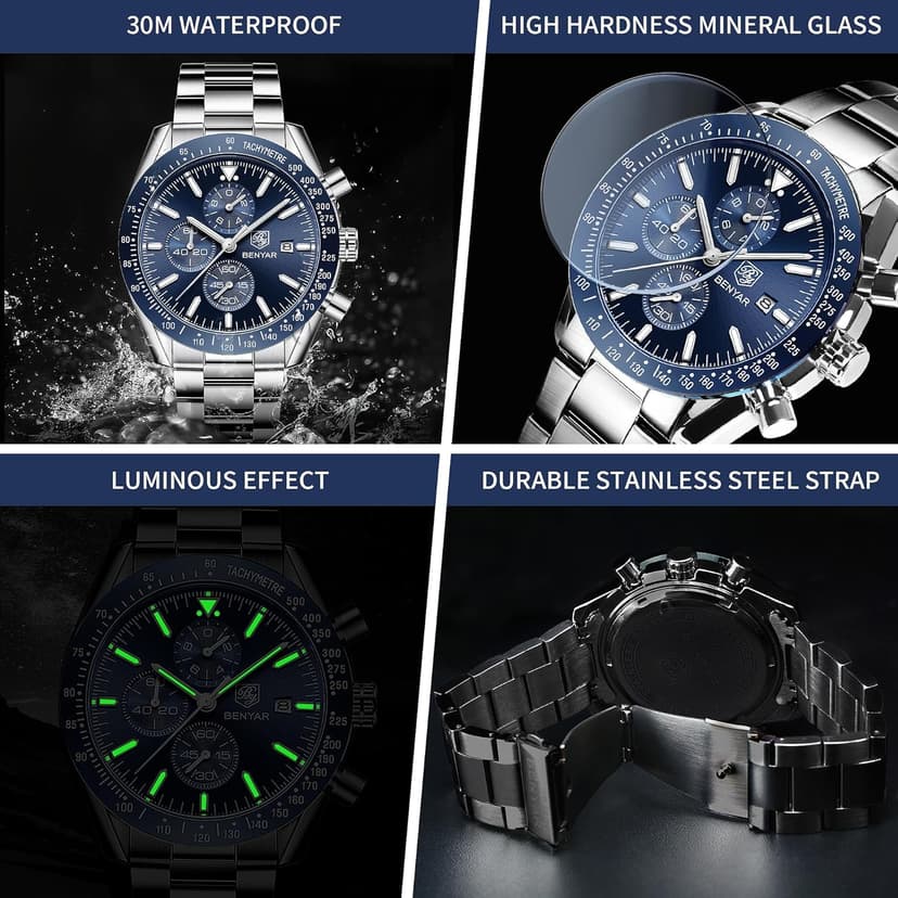 BENYAR BY BENYAR Watch for Men Analog Quartz Chronograph Waterproof Luminous Designer Mens Wrist Watches Business Work Sport Casual Dress Watch with Silicone Strap Elegant Gifts for Men