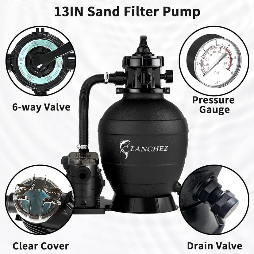 LANCHEZ 13in Sand Filter Pump for Above Ground Pool, 3/4 HP Pool Pumps Above Ground 3500 GPH for Pools up to 11000 GAL, Pool Sand Filter with 7-Way Valve