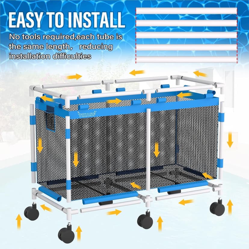 Pool Storage Bin - 235 Gallon 69" L Extra Large Pool Float Storage Organizer with Heavy Duty Tear & Sunlight Resistant Nylon Mesh, 360° Rolling Pool cart for Noodles,Toys,Floats,Balls