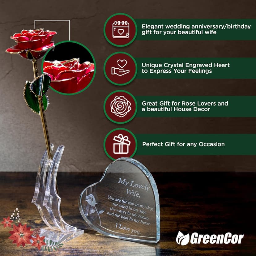 Anniversary for Wife Engraved Wooden Gift Set 'To My Beautiful Wife' Includes Crystal Engraved Heart 24K Gold Dipped Rose for Birthday Gifts