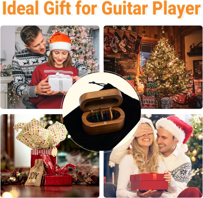 Onmiwod Guitar Pick Holder Set with 2 Color Wood Picks and 8 Celluloid Picks in 3 Thicknesses, Wooden Guitar Pick Case, Mini Jewelry Box, Guitar Music Accessories Gifts for Guitar Lover Player B0FMS2J7FV