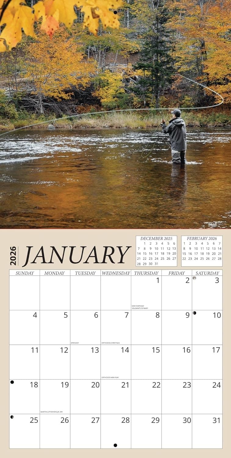 Fly Fishing Calendar 2026 - Angling Wall Calendar Bundle | 12" x 24" Open | 100+ Reminder Stickers | Fisherman Gifts, Office Supplies | Made in USA