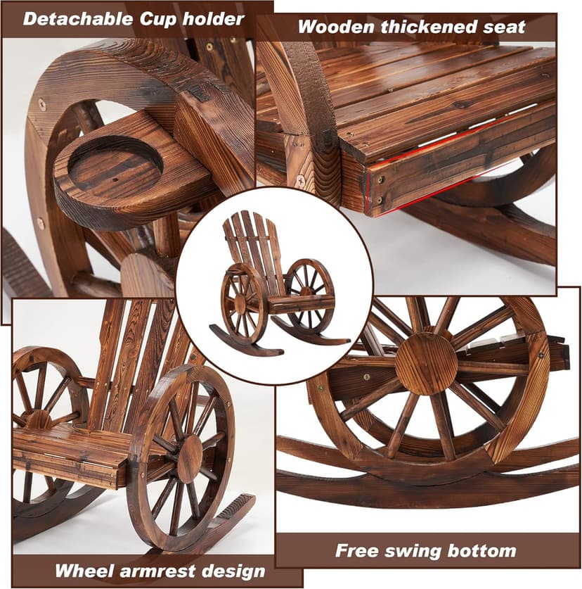 Spurgehom Outdoor Wooden Rocking Chair, Yard Glider Rocking Chairs Patio Decor Wood Rocker with Slatted Design, Adirondack Rocking Chair for Porch Lawn Garden Balcony Poolside, Brown(2PC)