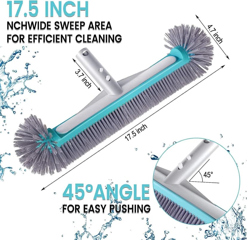 Swimming Pool Brush Head with Round Ends,17.5" Heavy Duty Aluminum Back Head for Cleans Walls, Tiles & Floors, 7 Rows Premium Nylon Bristles with EZ Clips (Blue Grey)