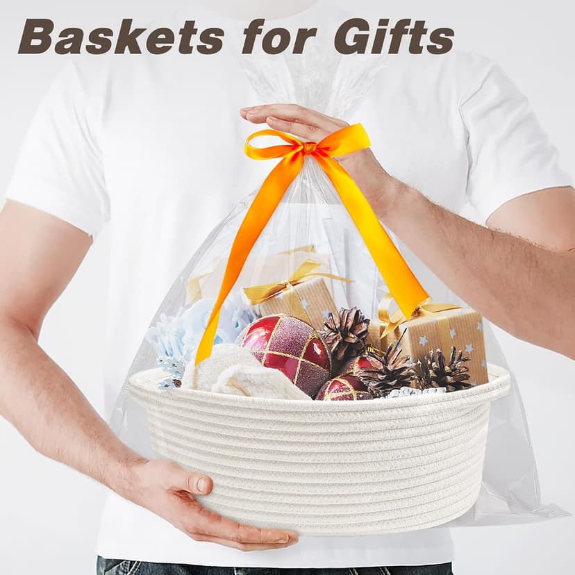 Pro Goleem Small Woven Basket with Gift Bags and Ribbons Durable Baskets for Halloween Gifts Empty Small Rope Basket for Storage 12"X 8" X 5" Baby Toy Baskets with Handles, White