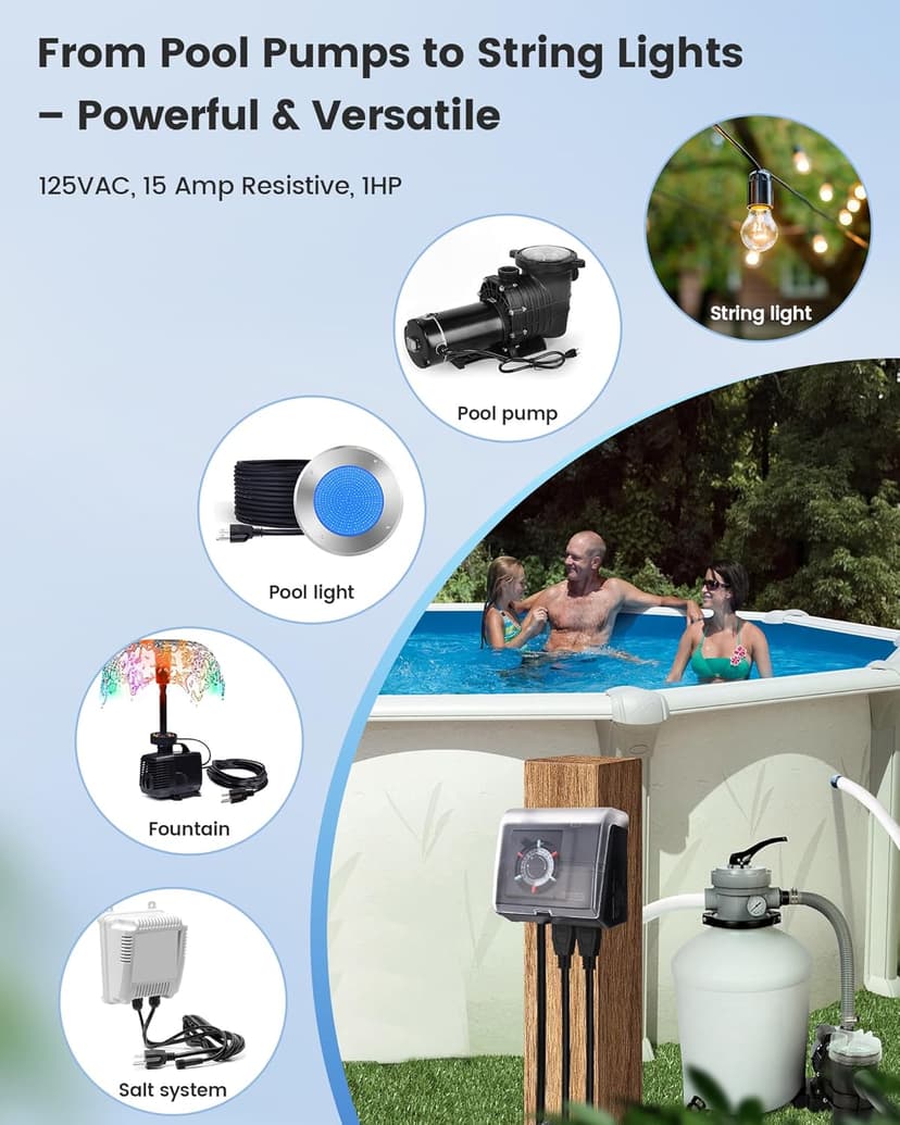 SURAIELEC Mechanical Pool Timer for Above Ground Pools, NEMA 5-15R Plug-in 24-Hour Timer with Dual Outlets, 15A 125V 1HP, Up to 3 Daily Settings, Weatherproof Cover for Pool Pumps, Outdoor Lighting