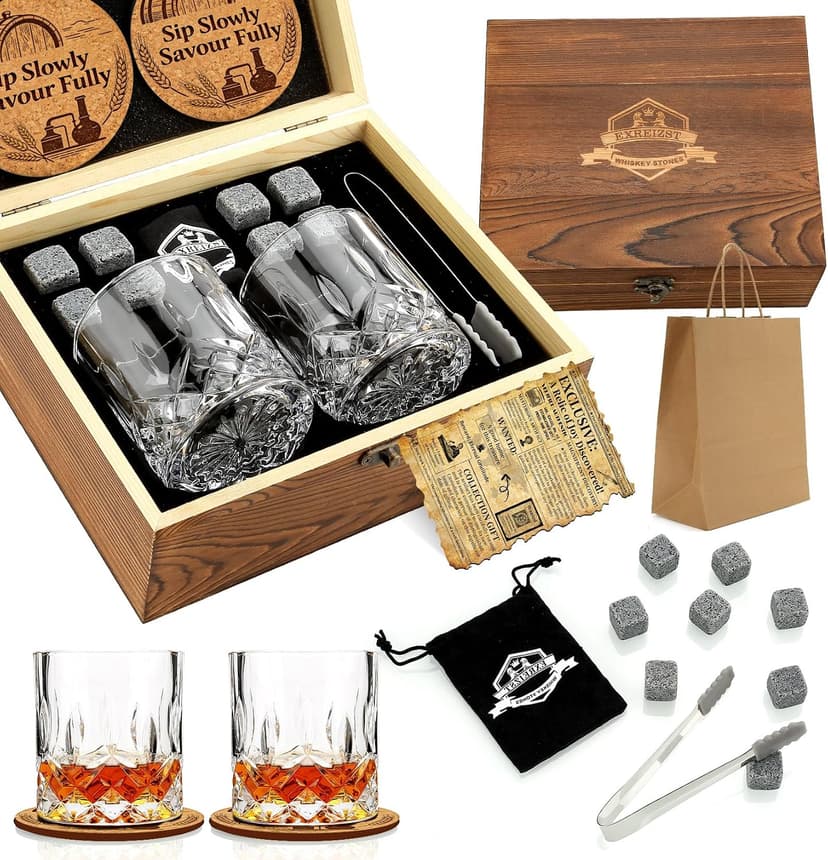 Whiskey Stones Gift Set - Whiskey Glass Set of 2 - Granite Chilling Whiskey Rocks - Scotch Bourbon Box Set -Father's Day Birthday Gifts for Men Drinking Gift for Dad Him Husband Party Holiday Present