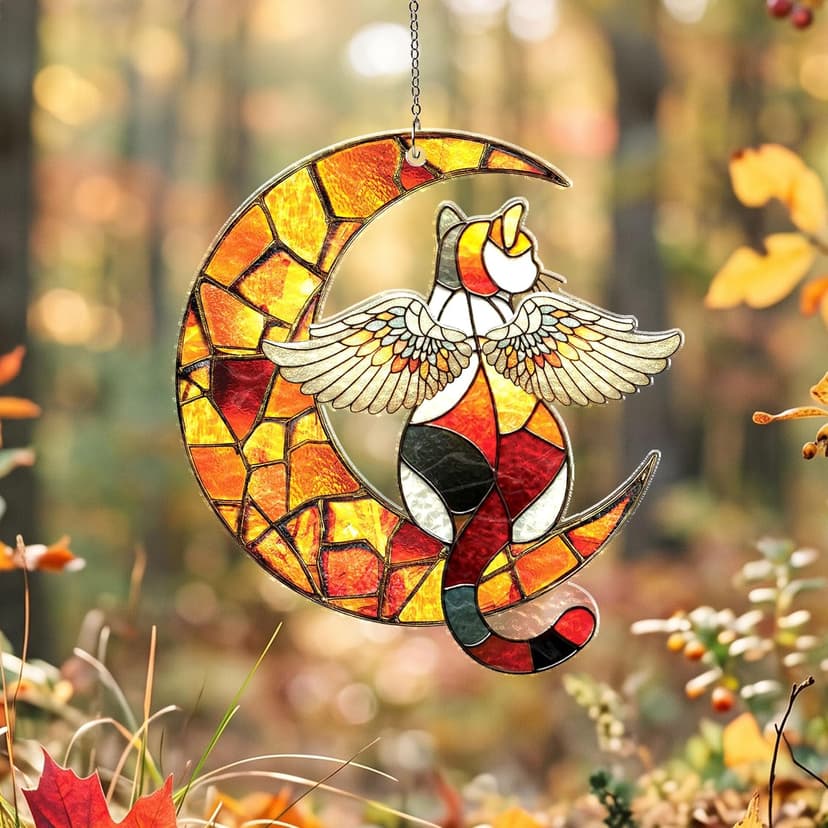 Wavy acrylic suncatcher featuring winged cat moon artwork, designed as a window hanging ornament for home décor and spaces Cat Suncatcher, Pet Memorial Gifts, Window Hanging Ornament 3 (6 Inches) B0HFW19G7L