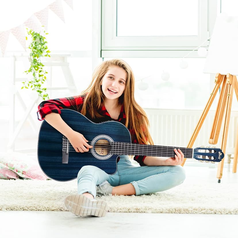 WINZZ AC309CE 39 Inches Cutaway Nylon-string Classical Electric Guitar Build-in Pickup Kit Set Online Lessons, Blue