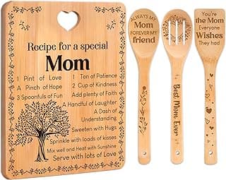 4-Piece Engraved Bamboo Mom Mother Mommy Cutting Board Set from Daughter or Son for Birthdays, Christmas, Mother's Day Birthday Gifts for Mom, "Recipe for a Special Mom" Cutting Board Set B0CXXM43B5