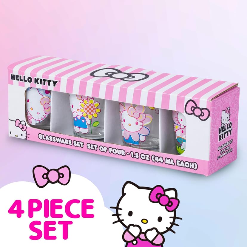 Silver Buffalo Sanrio Hello Kitty Spring Garden Flowers 4 Pack Mini Glass Set, 1.5 Ounces