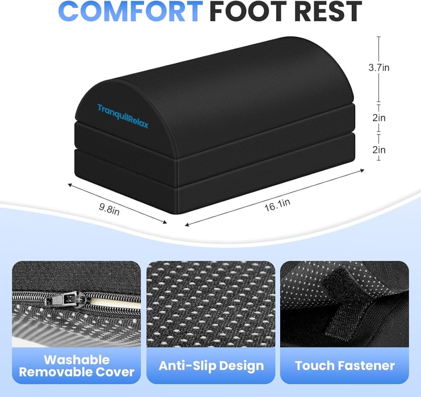 TranquilRelax Foot Rest for Under Desk at Work, Gaming Accessories Foot Stool with 3 Adjustable Heights & Washable Cover, Comfortable Office Desk Accessories, Footrest for Office, Home and Car (Black)
