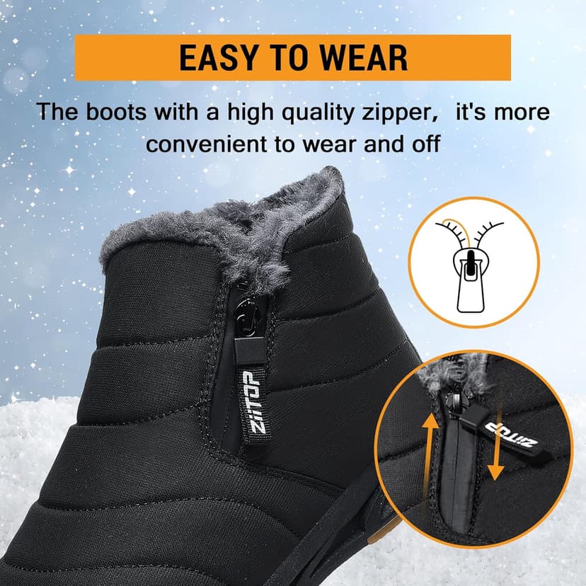 ziitop Snow Boots Mens Waterproof Winter Boots Fur Lined Warm Ankle Boots Zipper Closure Slip on Outdoor Boot Comfortable Walking Shoes