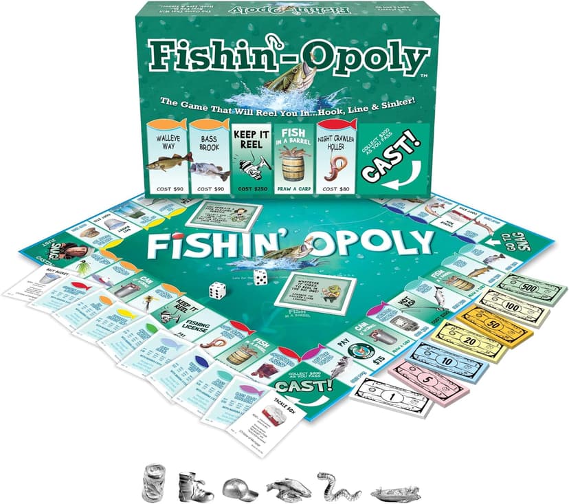 Funny property trading game for families and anglers Features quick or classic play modes and durable metal-style tokens Late for the Sky Fishin'-Opoly Board Game, 2-6 Players Strategy Fishing B000HI1QPI