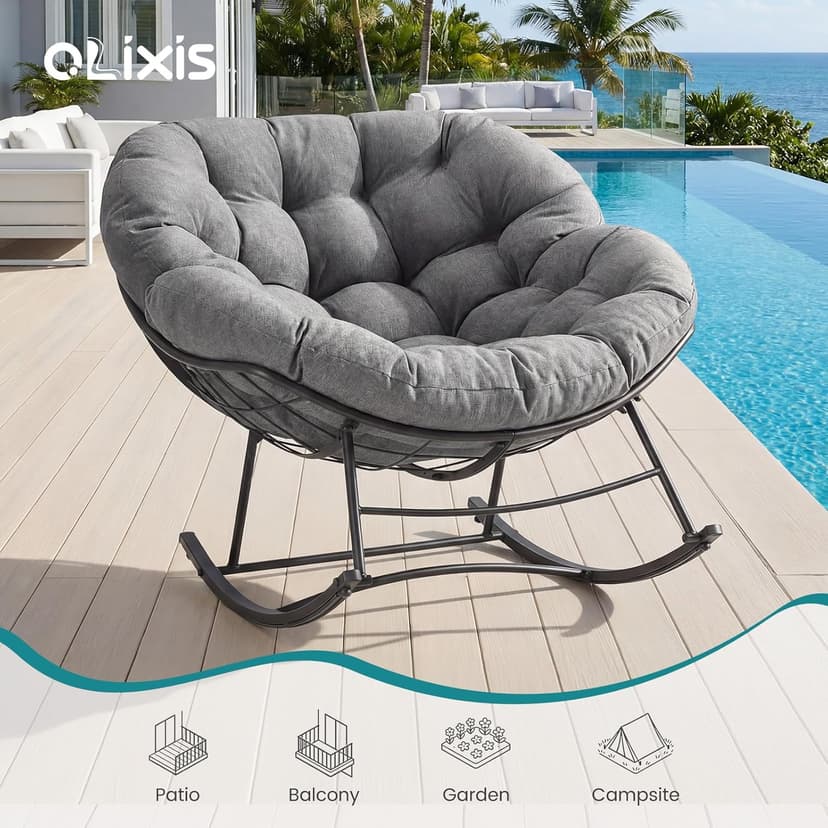 OLIXIS Outdoor Rocking Chair with 5.5" Thick Cushion, Oversized Egg Lounge Chair with Water-Repellent & UV-Resistant Fabric, 450 Lbs Heavy Duty for Patio, Living Room, Garden, Bedroom, Gray