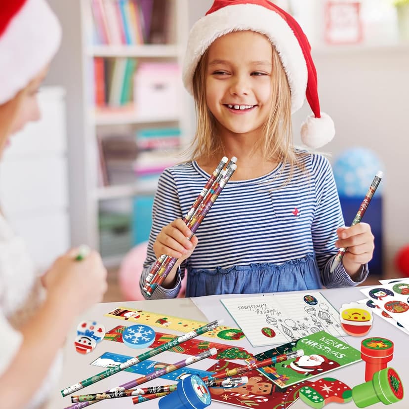 168 PCS Christmas Party Favors for Kids, 24-Pack Christmas Stationery Set for Stocking Stuffers, Christmas-Themed Classroom Gift Exchange Carnival Events Class Reward Gifts and Prizes