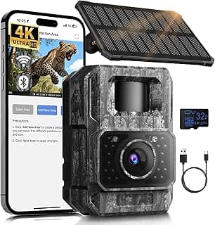 MAXDONE Solar Trail Camera WiFi Bluetooth - 4K 64MP Game Camera with 6000mAh Battery, Rechargeable Trail Cam with Night Vision Motion Activated IP66, Wildlife Cameras Deer Cams for Outdoor Backyard