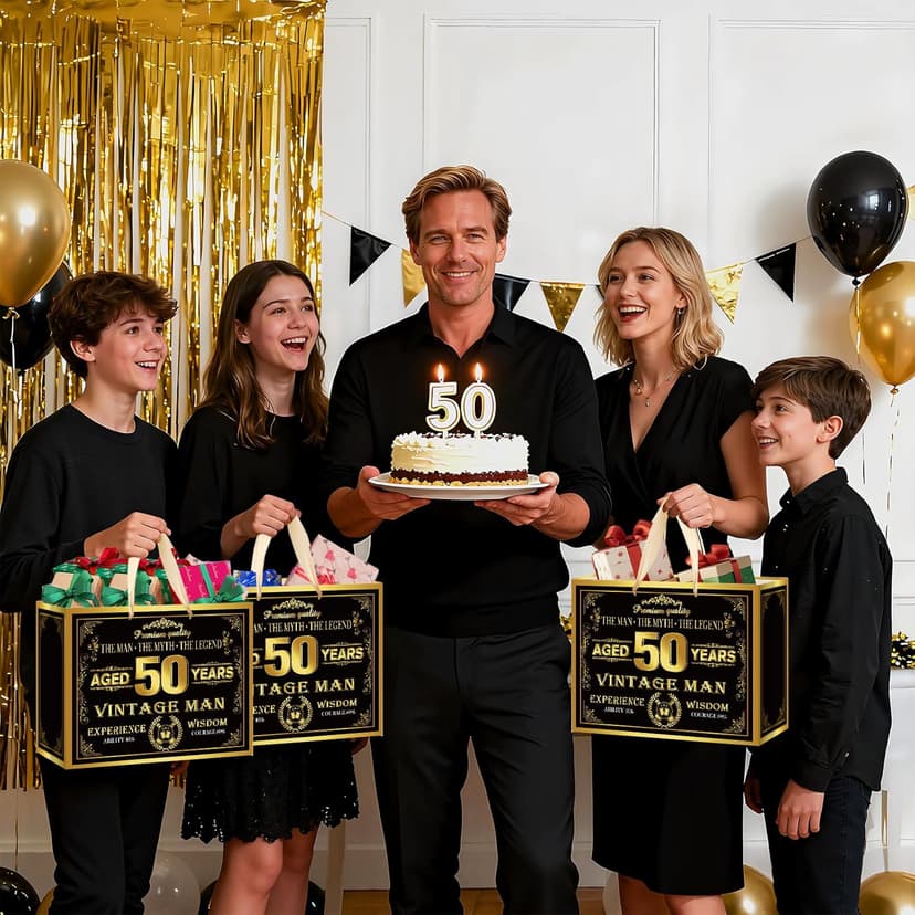 Vintage 50th Birthday Gift Bag for Men with 50th Wrapping Paper and Card Black Gold 1976 Birthday Gift Wrap Treat Bags for Vintage Men Aged 50 Years Old Bday Anniversary Party Supplies Decorations