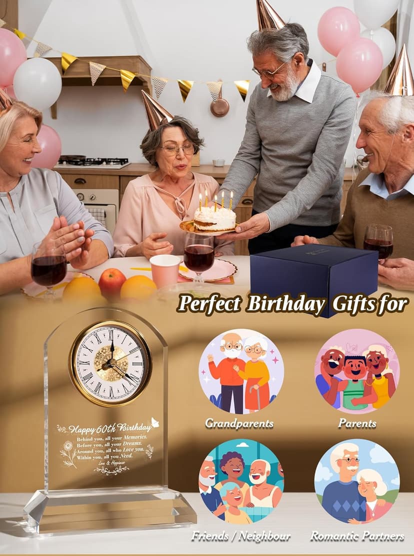 DEEWISH 60th Birthday Gift Quartz Desk Clock – Elegant Home Blessing Decoration for Parents, Grandparents, Friends, Mom, Dad, Happy 60 Years Birthday Decoration for Women Men