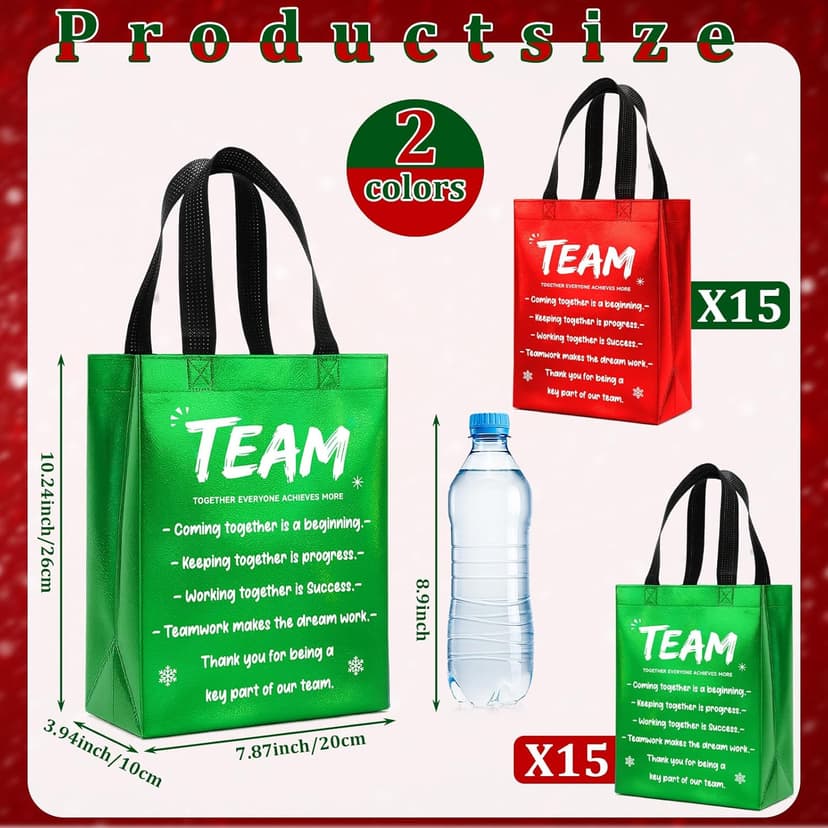 SilTriangle 30 Pcs Christmas Team Appreciation Gift Bags Bulk Xmas Green Red Bags with Handle 7.87 x 10.23 x 3.93 Inch Reusable Totes for Employees Coworker Staff Christmas Party Favors Supplies
