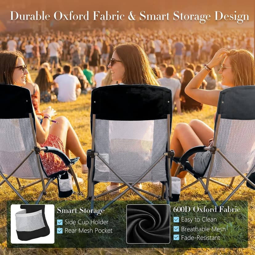 DUMOS Low Camping Beach Chair, Lightweight Folding Portable Beach Chair with Cup Holder, Storage Pocket, Breeze Mesh Back, Padded Armrests, Low Profile Chair for Camp, Picnic, Lawn, Sand, Black