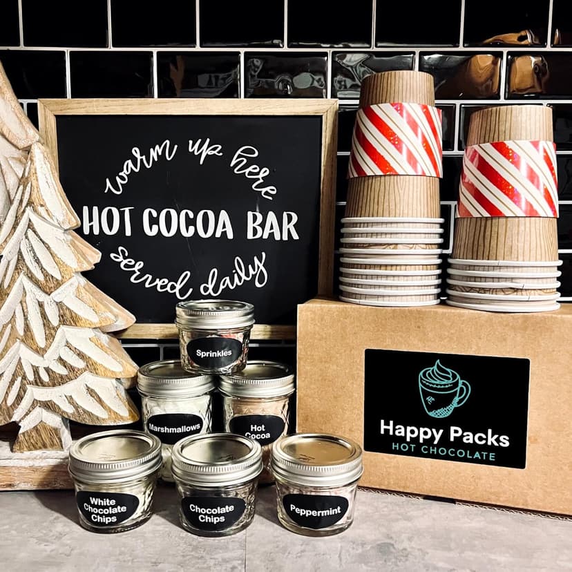 Hot Cocoa Bar Kit by Happy Packs, Includes Hot Cocoa Mix, Mini Marshmallows, Crushed Peppermint Candy, Chocolate Chips, White Chocolate Chips & Christmas Sprinkles, Premium Hot Chocolate Gift Sets