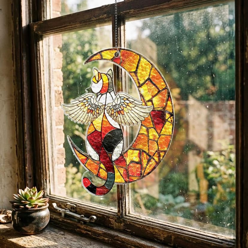 Wavy acrylic suncatcher featuring winged cat moon artwork, designed as a window hanging ornament for home décor and spaces Cat Suncatcher, Pet Memorial Gifts, Window Hanging Ornament 3 (6 Inches) B0HFW19G7L