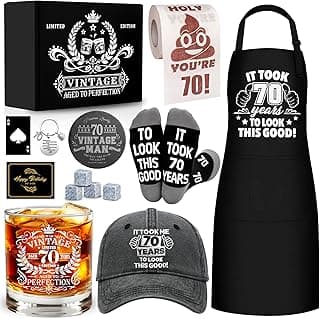 70th Birthday Gifts for Men Whiskey Glass Set, 70th Birthday Party Supplies with 11 Oz Whiskey Glass Coaster Stone Baseball Cap Apron Sock Funny Toilet Paper Keychain for Him, Dad, Husband, Friends