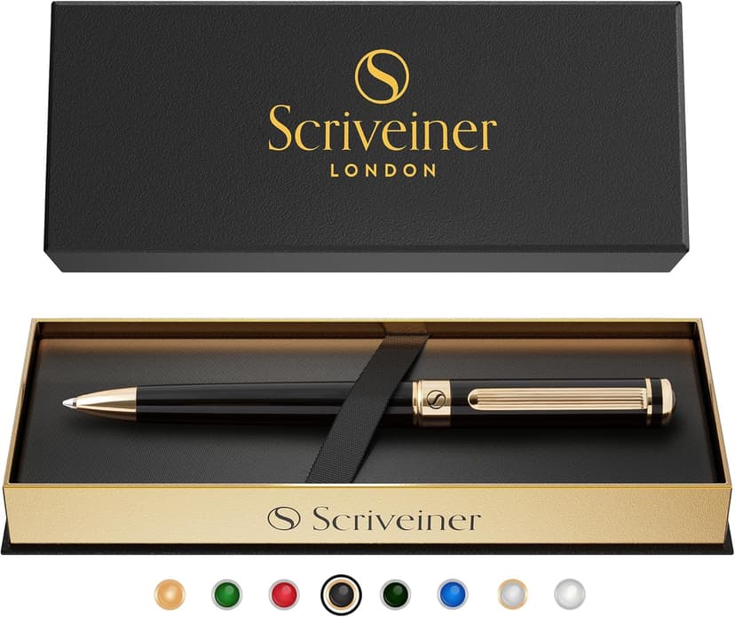 Scriveiner Black Lacquer Ballpoint Pen -Stunning Luxury Pen, Real Gold Plating, Schmidt Black Refill, Best Gift Set for Men & Women, Professional Executive Office, Nice Fancy Designer Pens