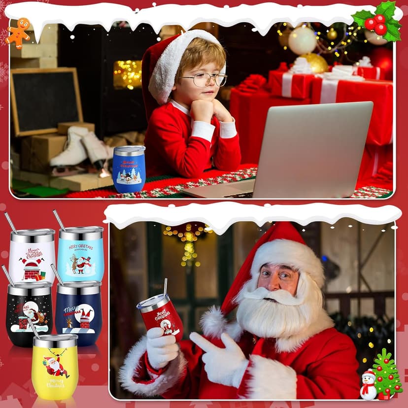 Layhit 7 Set Christmas Gifts Wine Tumbler with Lid Straw and Brush 12oz Insulated Stainless Steel Wine Cup Holiday Thank You Gift for Employee Coworker Operation Christmas(Classic Style)