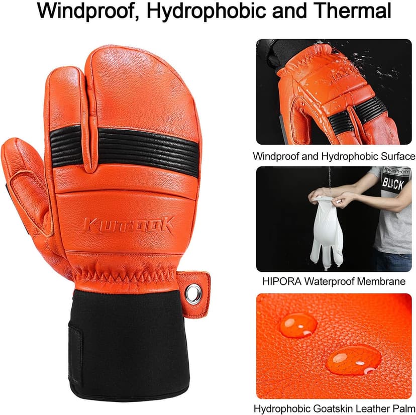 KUTOOK Ski Mittens with HIPORA Waterproof Membrane Goat Leather Gloves for Skiing Outdoor