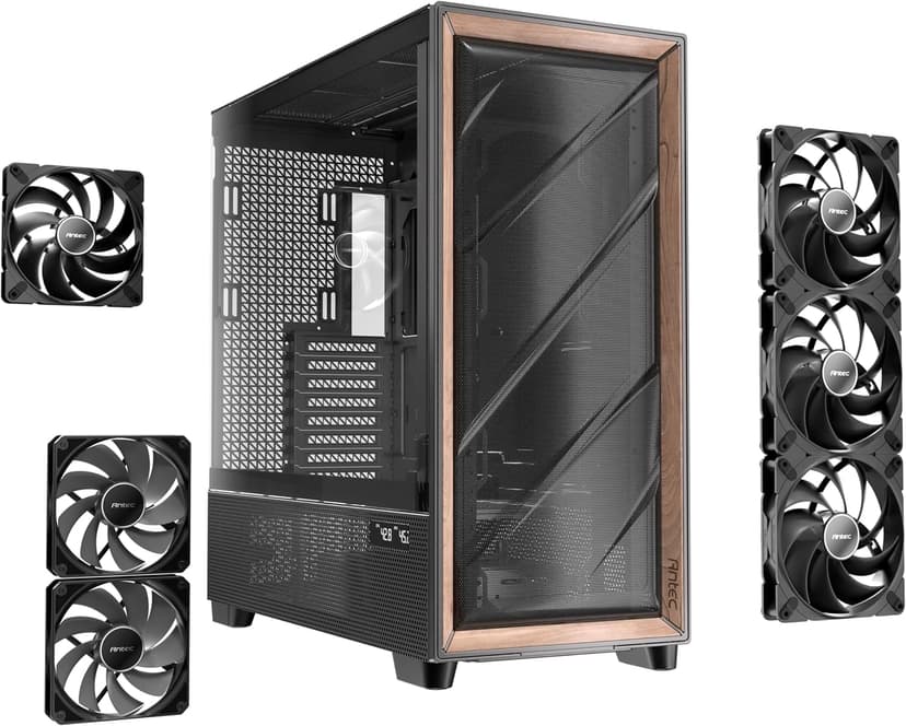 Antec Flux Pro, 6 x PWM Fans Included, High-Airflow Front Panel with Walnut Wood, iShift PSU 90° Mount, USB3.0 x 2, Type-C, 420mm Radiator Support, Temp. Display, Full-Tower E-ATX PC Case