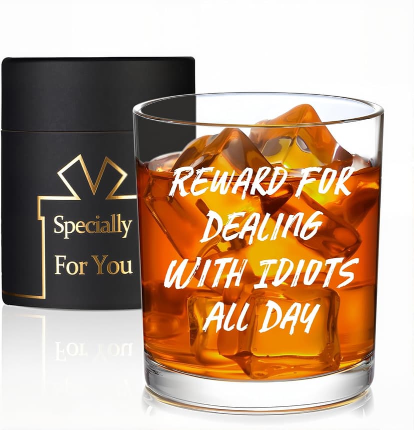 Reward For Dealing With Idiots All Day Whiskey Glass, Funny Gifts for Men Coworker Friend Husband Boss Him Christmas Bosses Day Birthday, 10 OZ Old Fashioned Glass with Gift Box