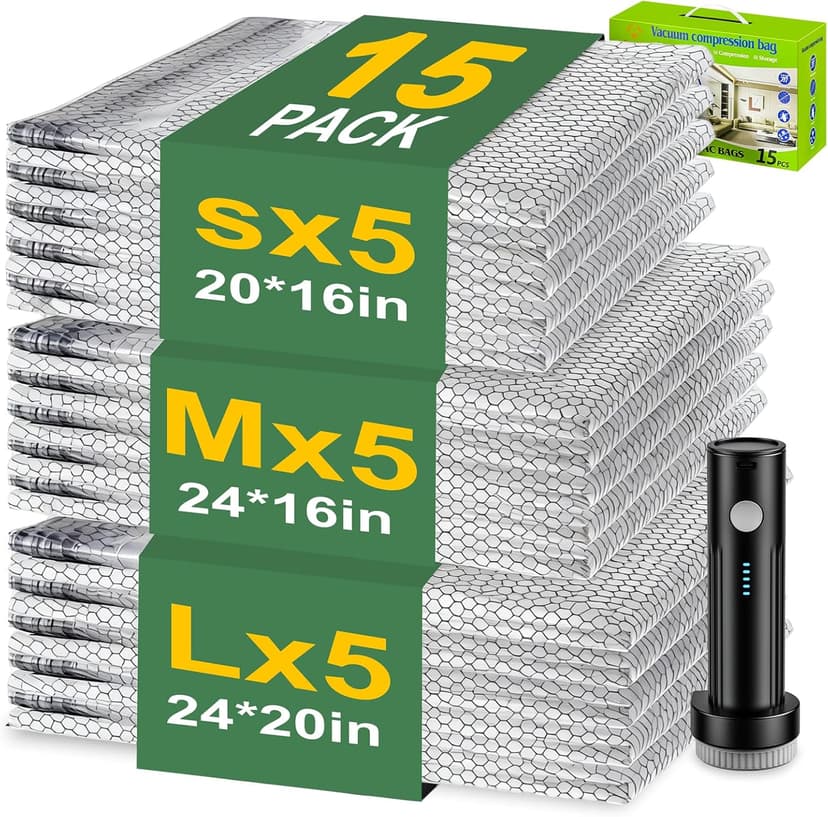 Vacuum Seal Bags for Clothing with Wireless Electric Pump - Travel & Home Use, 15 Pack Ideal Space Saver Vacuum Storage Bags, Travel Vacuum Bags for Luggage