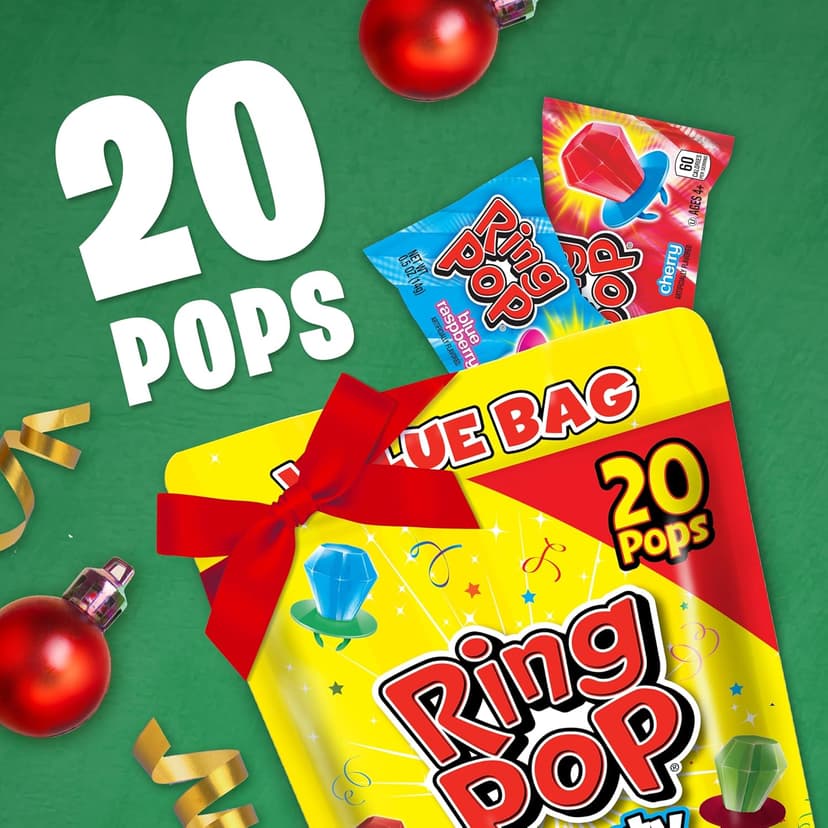 Ring Pop Candy, Christmas Lollipops, 20 Ct Party Favors in Assorted Fruity Flavors - Full Size, Bulk Variety Pack, Individually Wrapped Hard Candy For Stocking Stuffers, Holiday Gifts