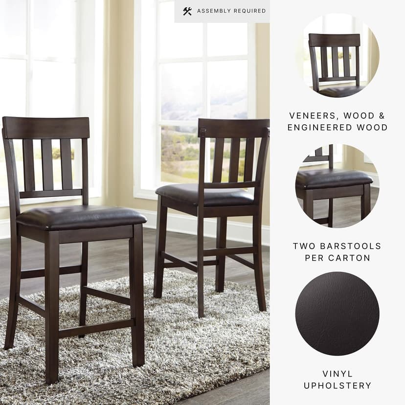 Signature Design by Ashley Haddigan Upholstered Barstool, 2 Count, Slat Back Design, Cushioned Seat, Wood, 25.5" H, Dark Brown