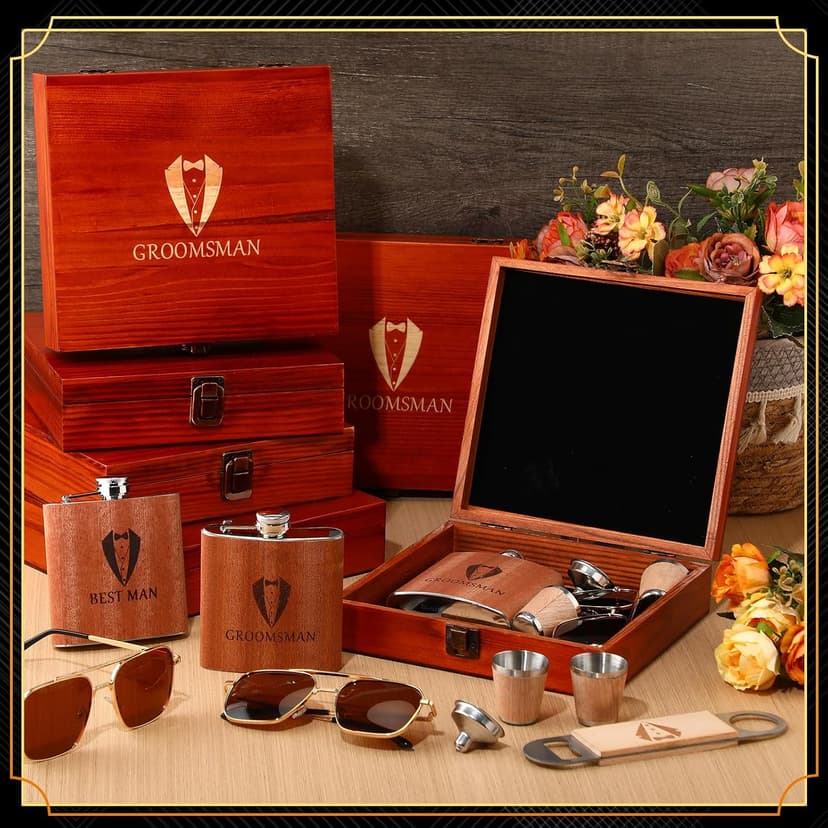 Complete Proposal Gift Set, Box, Flasks, Sunglasses, Funnel, Bottle Opener, Wooden Cups, Bachelor Party Favor 42 Pcs Groomsmen Gifts Set of 6 Wedding Best Man Gift, Brown B0G6ZNR6MC