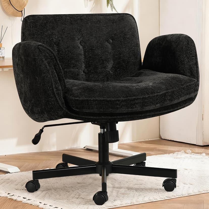 Criss Cross Chair with Wheels & Arms, Chenille Cross Legged Office Chair with 5-level Folding Armrest, Comfortable Adjustable Swivel Vanity Chair for Home, Make Up, Bed Room, Office, Accent (Black).