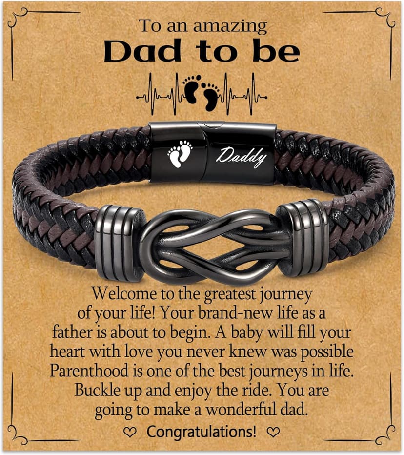 New Dad Gifts for Men, First Time Parents Gift Dad to Be Gift for Father's Day Birthday Christmas, Leather Bangle Bracelet for Daddy Him Husband
